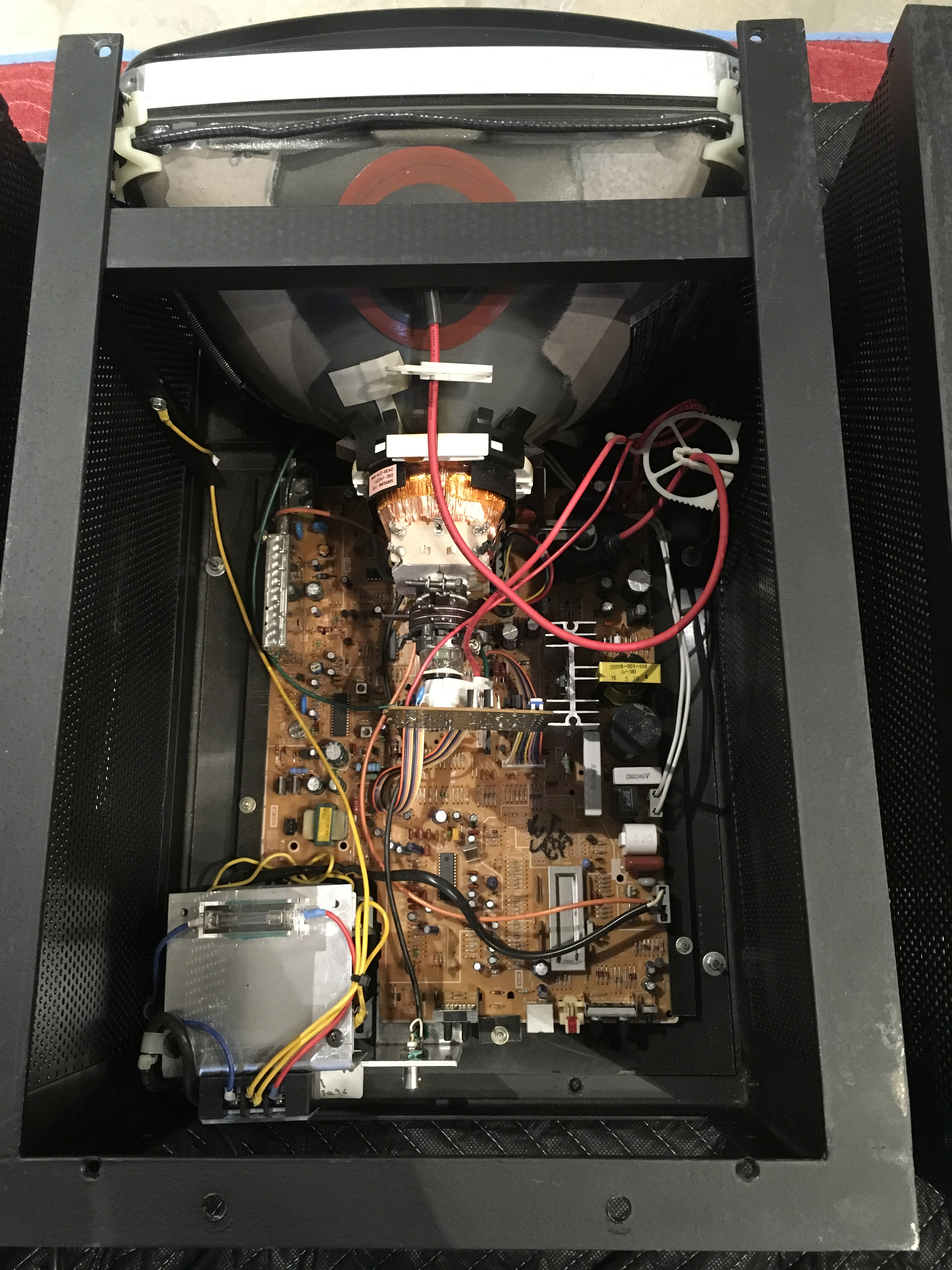 Bird's eye view of the inside wiring of a video monitor
